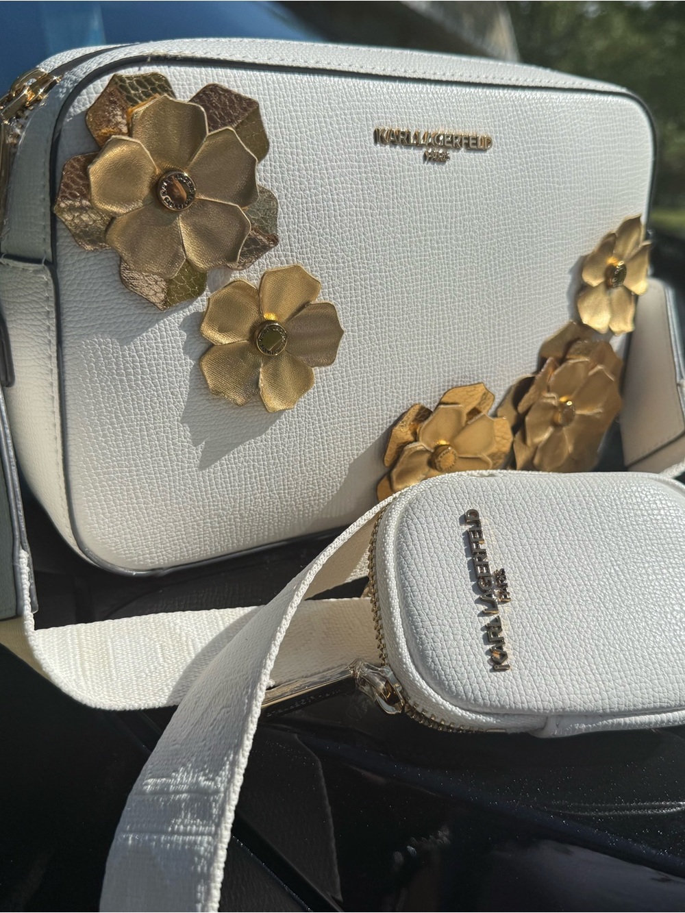 Karl Lagerfeld White Crossbody with Gold Floral Appliqués